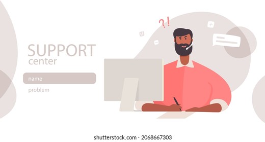 Support center web banner template. Vector flat character sitting in front of the computer and answering with a microphone. Cartoon illustration with online chat balloons.