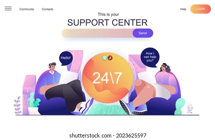 Support center web concept for landing page. Operators advise and help customers around clock, answer calls and messages banner template. Vector illustration for web page in flat cartoon design