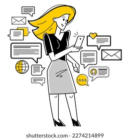 Support center worker is giving advices and consulting customers vector outline illustration, client care consultant is checking feedback, online assistant.