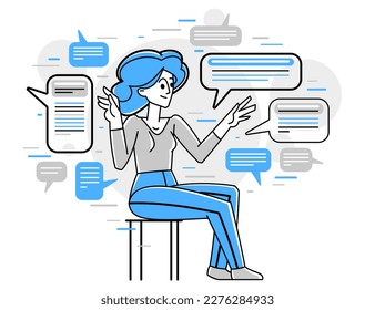 Support center worker is giving advices and consulting customers vector outline illustration, client care consultant is checking feedback, online assistant.