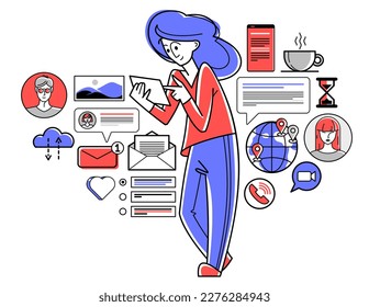 El trabajador del centro de soporte está dando consejos y consultando a los clientes sobre la ilustración del contorno vectorial, el consultor de atención al cliente está revisando los comentarios, el asistente en línea.