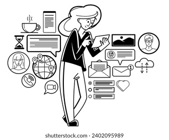 El trabajador del centro de soporte está dando consejos y consultando a los clientes sobre la ilustración del contorno vectorial, el consultor de atención al cliente está revisando los comentarios, el asistente en línea.