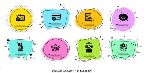 Support, Change card and Document line icons set. Chat bubbles with quotes. Smile, Smile chat and Safe time signs. Microscope, Correct answer symbols. Call center, Payment method. Vector