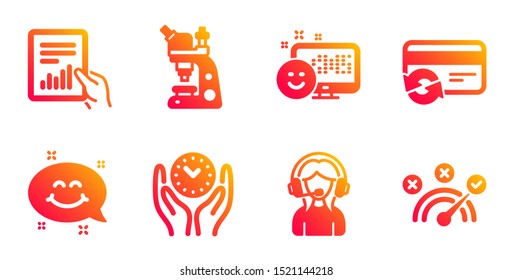 Support, Change card and Document line icons set. Smile, Smile chat and Safe time signs. Microscope, Correct answer symbols. Call center, Payment method. Technology set. Vector