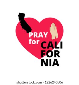 Support and charity minimal design after wildfires in southern California with Pray for California words, map of California state, praying hands and heart shape.