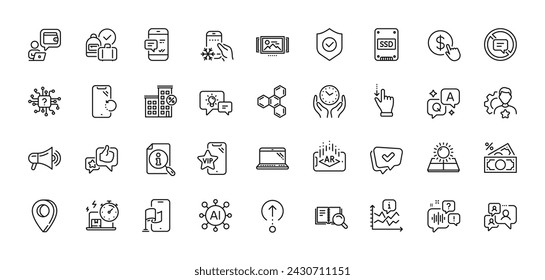 Support Chat, Brand and and Location App Line Icons Pack. KI, Frage und Antwort, Map Pin-Symbole. Sicherheitsschild, Künstliche Intelligenz, Voicemail-Web-Symbol. Vektor