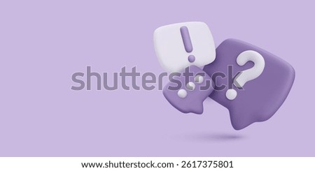Support Chat Icon With 3D Question And Exclamation Symbols On Purple Background. Modern Help Center Or Communication UI Concept. Vector Illustration.