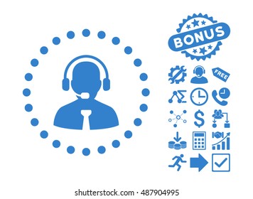 Support Chat icon with bonus icon set. Vector illustration style is flat iconic symbols, cobalt color, white background.