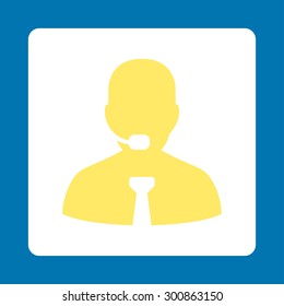 Support chat icon. Vector style is yellow and white colors, flat rounded square button on a blue background.
