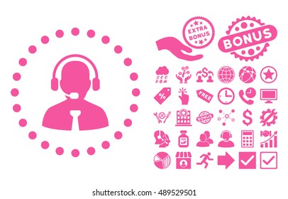 Support Chat pictograph with bonus pictograph collection. Vector illustration style is flat iconic symbols, pink color, white background.