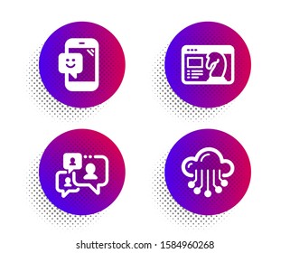 Support chat, Smile and Seo strategy icons simple set. Halftone dots button. Cloud storage sign. Comment bubble, Phone feedback, Chess knight. Data service. Technology set. Vector