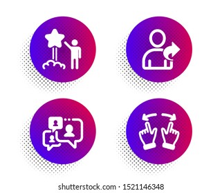 Support chat, Star and Refer friend icons simple set. Halftone dots button. Move gesture sign. Comment bubble, Launch rating, Share. Swipe. People set. Classic flat support chat icon. Vector