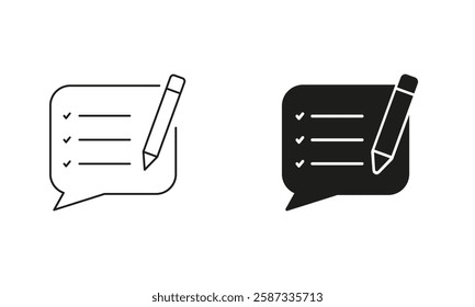 Support Chat, Text Report Sign. Customer Feedback Line and Silhouette Icon Set. Speech Bubble With Pencil Pictogram. Editable Stroke. Isolated Vector Illustration.