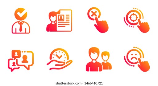 Support chat, Vacancy and Reject click line icons set. Safe time, Job interview and Seo target signs. Couple, Dislike symbols. Comment bubble, Businessman concept. People set. Vector