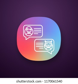 Support chatbot app icon. UI/UX user interface. Talkbot. Online virtual assistant. Chat bot. Modern robot. Man chatting with messenger bot. Web or mobile application. Vector isolated illustration