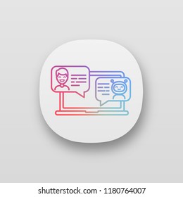Support chatbot app icon. UI/UX user interface. Messenger bot. Virtual assistant. Modern robot. Man chatting with bot on laptop. Web or mobile application. Vector isolated illustration
