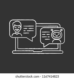 Support chatbot chalk icon. Messenger bot. Virtual assistant. Modern robot. Man chatting with bot on laptop. Isolated vector chalkboard illustration