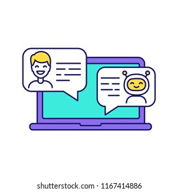 Support chatbot color icon. Messenger bot. Virtual assistant. Modern robot. Man chatting with bot on laptop. Isolated vector illustration
