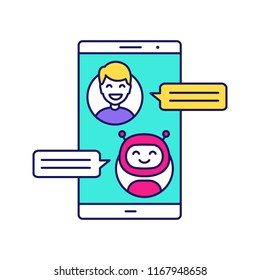 Support chatbot color icon. Messenger bot. Modern robot. Virtual assistant. Chat bot. Man chatting with bot on smartphone. Isolated vector illustration