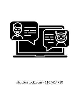 Support Chatbot Glyph Icon. Silhouette Symbol. Messenger Bot. Virtual Assistant. Modern Robot. Man Chatting With Bot On Laptop. Negative Space. Vector Isolated Illustration