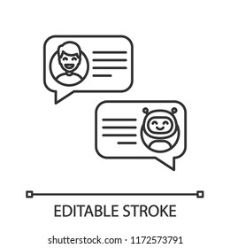 Support Chatbot Linear Icon. Thin Line Illustration. Online Virtual Assistant. Chat Bot. Modern Robot. Man Chatting With Messenger Bot. Contour Symbol. Vector Isolated Outline Drawing. Editable Stroke