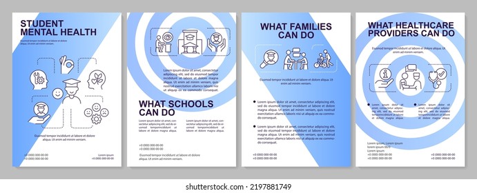 Support child mental health blue gradient brochure template. Back to school. Leaflet design with linear icons. 4 vector layouts for presentation, annual reports. Arial, Myriad Pro-Regular fonts used