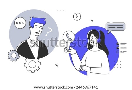 Support for clients simple. Woman in headphones with microphone answer to customer questions. Technical assistant. Hot line operator. Doodle flat vector illustration isolated on white background