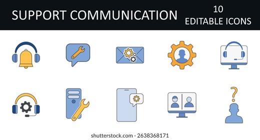 Support communication icon sheet featuring headset with gear, desktop monitor with headset, user question mark, split screen with users, gear with person, and other tech support and customer service