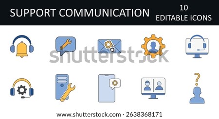 Support communication icon sheet featuring headset with gear, desktop monitor with headset, user question mark, split screen with users, gear with person, and other tech support and customer service