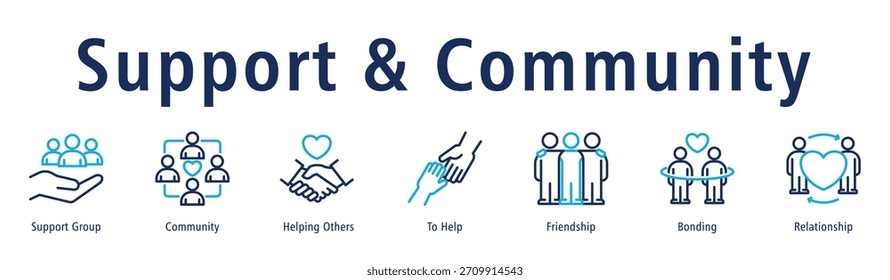 Suporte e Comunidade web banner ícone vetor ilustração conceito com ícone de grupo de apoio, comunidade, para ajudar, amizade, vínculo, relacionamento, e ajudar os outros.