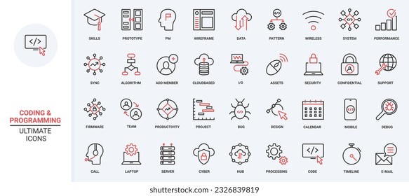 Support for computer software, program code trendy red black thin line icons set vector illustration. Maintenance cloud service, data export, modify synchronisation with server, antivirus programming.