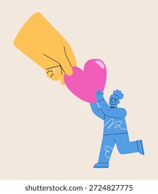 Support concept. Big hand gives heart to girl. Colorful vector illustration
