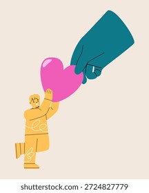 Concepto de Asistencia. Gran mano da corazón a chico. Ilustración vectorial colorida
