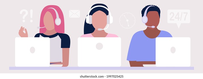 Support concept. Call managers with laptops. Vector icon for website information. Colorful flat illustration