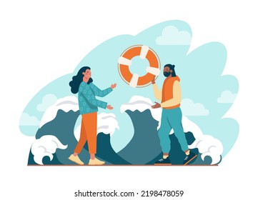 Support concept. Character help each other in solving problems. Advice from tutor. Cooperation, unity, partnership and teamwork. Social community or movement activity. Flat vector illustration set