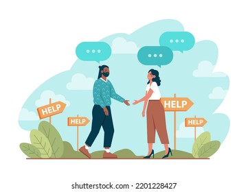 Support concept. Character help each other in solving problems. Advice from tutor. Cooperation, unity, partnership and teamwork. Social community or movement activity. Flat vector illustration set