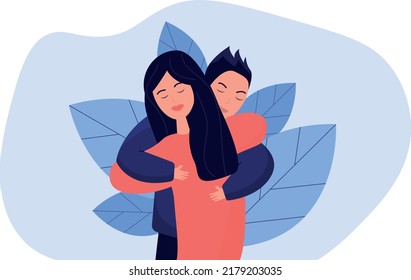 Support concept, consolation, family, friendship concept, problems, trouble, difficulties. Friend hug. Mutual assistance. Psychological help. Vector illustration. Embracing each other, expressing love