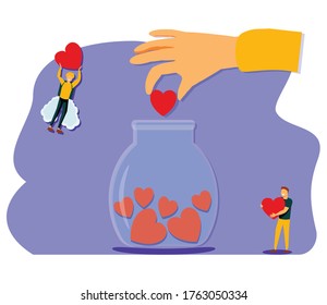 Support concept, flat tiny volunteer persons vector illustration. Donation jar collecting heart symbols with a giving hand. Charity help campaign for social awareness. Generous community people art.