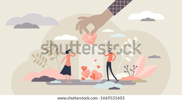 Support concept, flat tiny volunteer persons vector\
illustration. Donation jar collecting heart symbols with a giving\
hand. Charity help campaign for social awareness. Generous\
community people art.