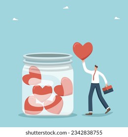 Support concept, help charity campaign for public awareness, mental health, keep balance between work and personal life, inspiration and motivation, find a dream job, man throws heart in jar of hearts