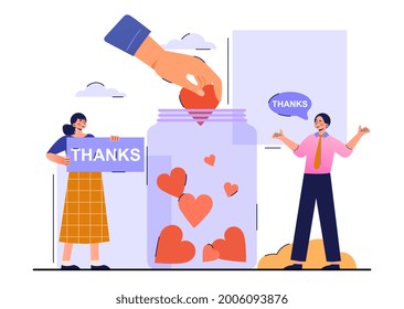 Support concept. Man and a woman throw their thanks into a jar. A large hand holds a heart. Metaphor for charity and social assistance. Cartoon flat vector illustration isolated on a white background