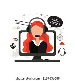 Support concept.  Modern flat illustration with woman support operator. Help and assistance. Online technical support center. 