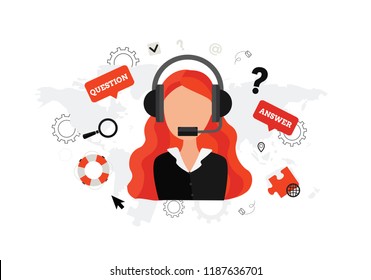 Support concept.  Modern flat illustration with woman support operator. Help and assistance. Online technical support center. 