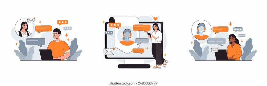 Support concept. Online customer service. Collection of vector illustrations.