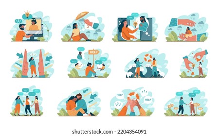 Support concept set. Character help each other in solving problems. Advice from tutor. Cooperation, unity, partnership and teamwork. Social community or movement activity. Flat vector illustration set