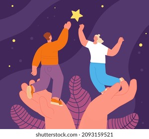 Support concept. Supportive hands, people get star. Business target, risk and work. Employee wellbeing, leaders growth to success, utter vector scene