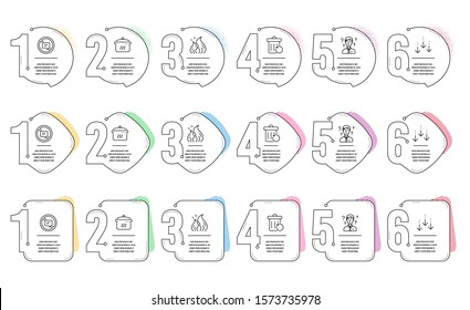 Support consultant, Boiling pan and Fire energy line icons set. Infographic timeline. Scroll down, Stop talking and Recovery trash signs. Question mark, Cooking utensil, Flame. Swipe screen. Vector