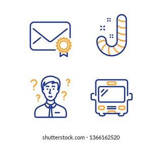 Support consultant, Candy and Verified mail icons simple set. Bus sign. Question mark, Lollypop, Confirmed e-mail. Tourism transport. Linear support consultant icon. Colorful design set. Vector