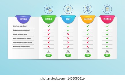 Support consultant, Statistics and Security icons simple set. Comparison table. File sign. Question mark, Report charts, Private protection. Paper page. Business set. Pricing plan. Vector