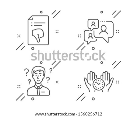 Support consultant, Thumb down and Support chat line icons set. Safe time sign. Question mark, Decline file, Comment bubble. Management. Technology set. Line support consultant outline icon. Vector